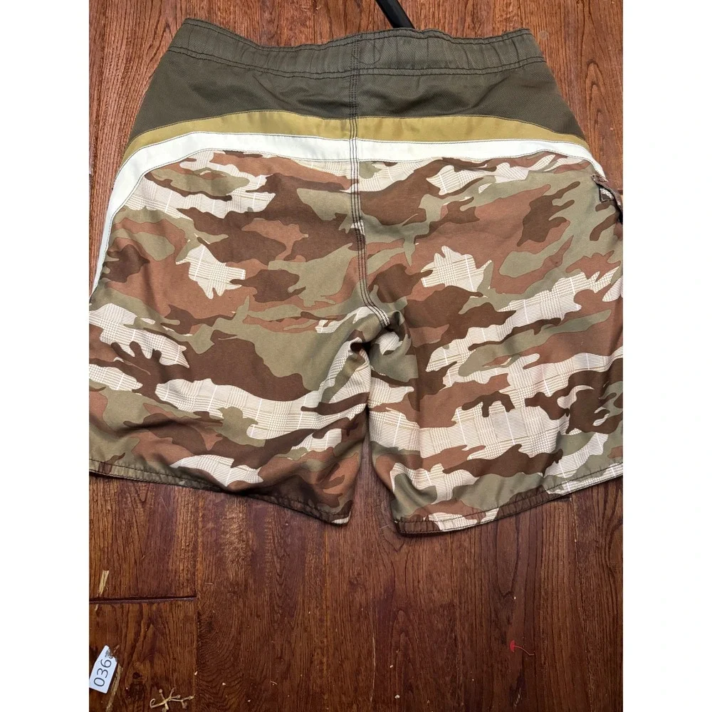 OP‎ Ocean Pacific Mens Camo Board Shorts Brown Tan White Stripe Swim Trunks  M